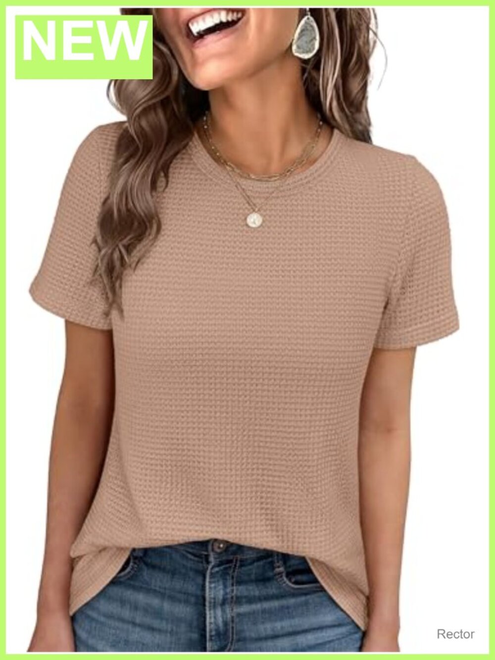 Waffle Knit Short Sleeve Crew Neck Tee Regular Fit Casual Summer Top
